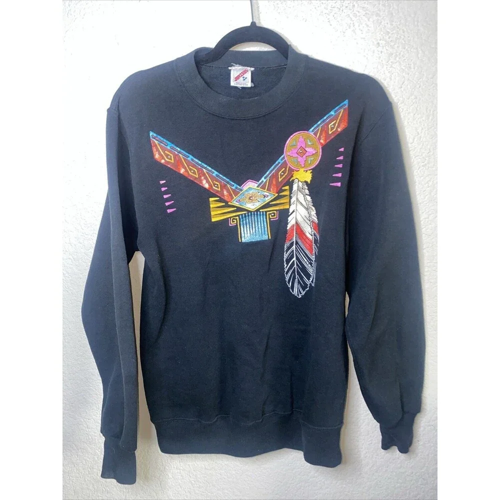 jerzees Native American Sweater Tribal Indian Feather Aztec Beads M USA 3D - Picture 1 of 11